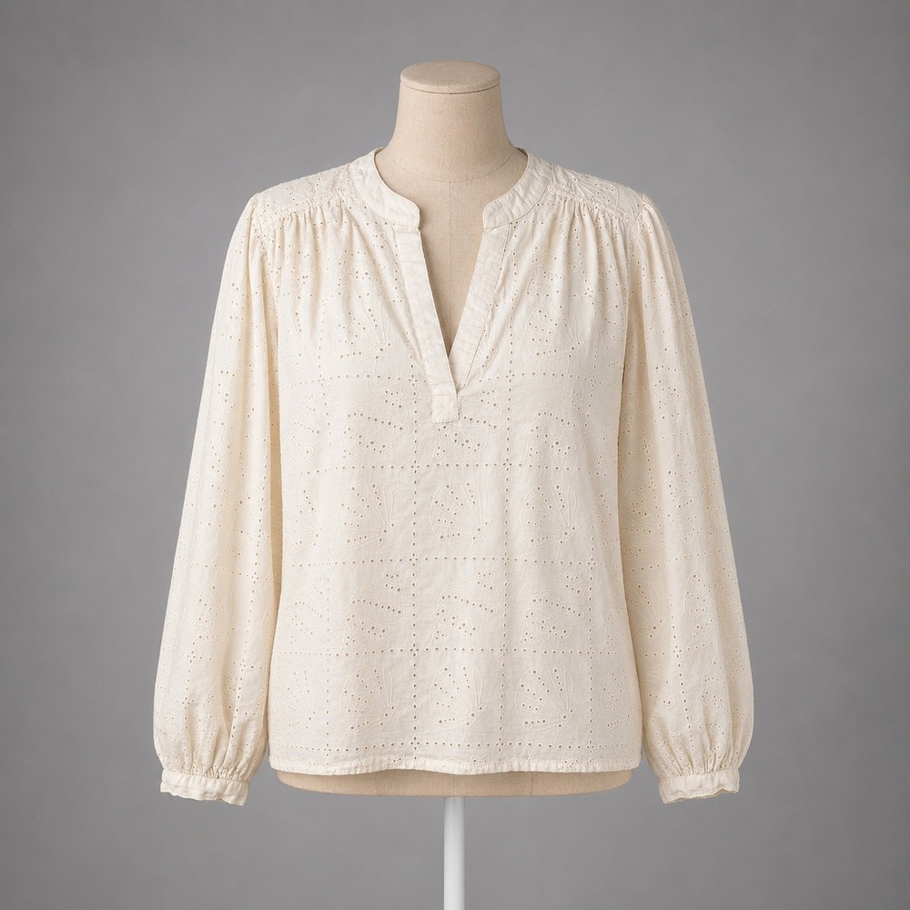 Eyelet Shell 100% Cotton Embroidered Peasant Top Sz S Cream Cottagecore Coastal